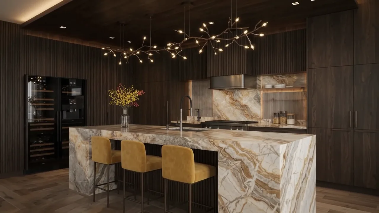Ambiente contemporâneo com bancada em pedra natural